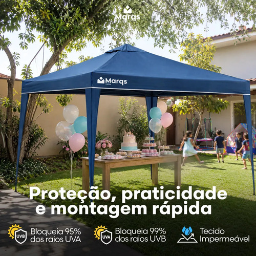 Tenda Gazebo Sanfonada Articulada Desmontável 3x3 Metros Marqs Home Impermeável Estrutura Aço Leve E Reforçada Proteção Solar Uv Chuva Vento Barraca Camping Praia Eventos Feira Carro Azul