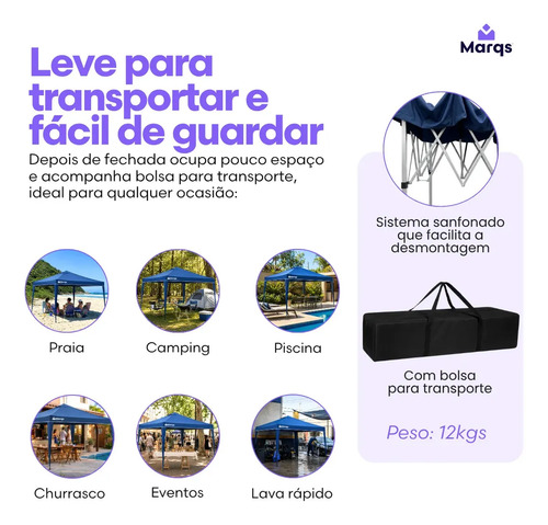 Tenda Gazebo Sanfonada Articulada Desmontável 3x3 Metros Marqs Home Impermeável Estrutura Aço Leve E Reforçada Proteção Solar Uv Chuva Vento Barraca Camping Praia Eventos Feira Carro Azul