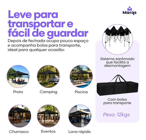Tenda Gazebo Sanfonada Articulada Desmontável 3x3 Metros Marqs Home Impermeável Estrutura Aço Leve E Reforçada Proteção Solar Uv Chuva Vento Barraca Camping Praia Eventos Feira Carro Preto