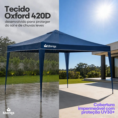 Tenda Gazebo Sanfonada Articulada Desmontável 3x3 Metros Marqs Home Impermeável Estrutura Aço Leve E Reforçada Proteção Solar Uv Chuva Vento Barraca Camping Praia Eventos Feira Carro Azul