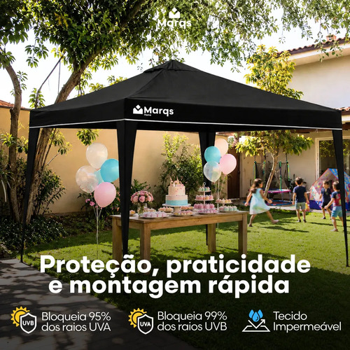 Tenda Gazebo Sanfonada Articulada Desmontável 3x3 Metros Marqs Home Impermeável Estrutura Aço Leve E Reforçada Proteção Solar Uv Chuva Vento Barraca Camping Praia Eventos Feira Carro Preto