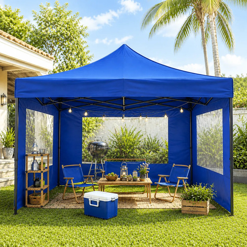 Tenda gazebo sanfonada azul 3x3 parede lateral com bolsa
