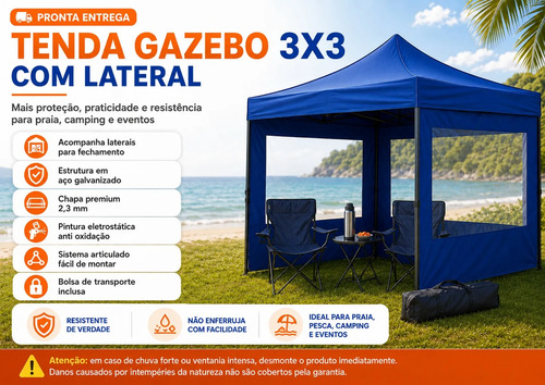 Tenda Gazebo Sanfonada Azul 3x3 Parede Lateral Com Bolsa