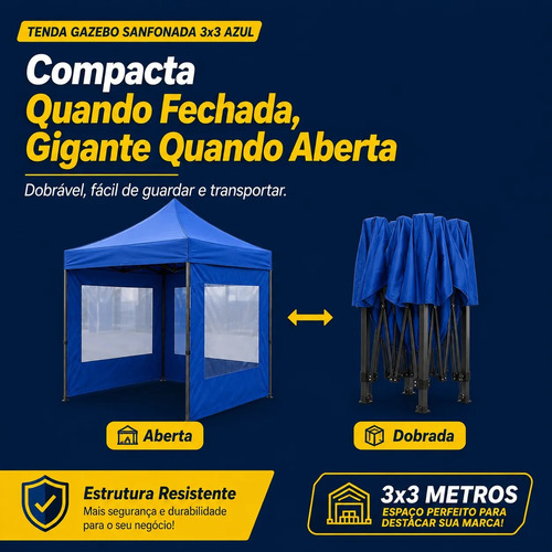 Tenda Gazebo Sanfonada Azul 3x3 Parede Lateral Com Bolsa
