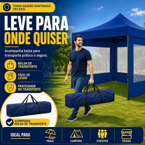 Tenda Gazebo Sanfonada Azul 3x3 Parede Lateral Com Bolsa