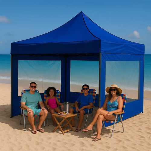 Tenda Gazebo Sanfonada Azul 3x3 Parede Lateral E Bolsa Top