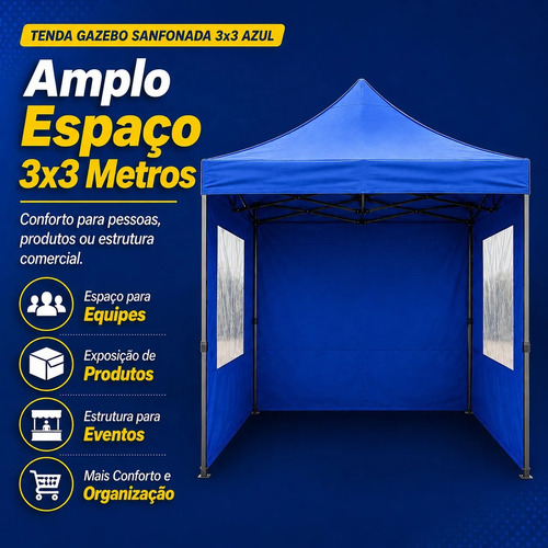 Tenda Gazebo Sanfonada Azul 3x3 Parede Lateral E Bolsa Top