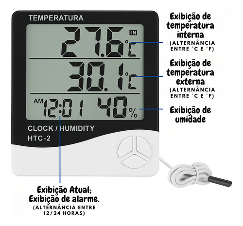 Termo Higrômetro Digital HTC-2 Com Sensor Externo Interno Medidor De Temperatura Umidade Ar