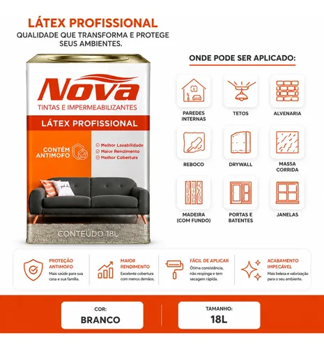 Tinta Acrílica Látex 1 8l Branca Antimofo Nova Tintas