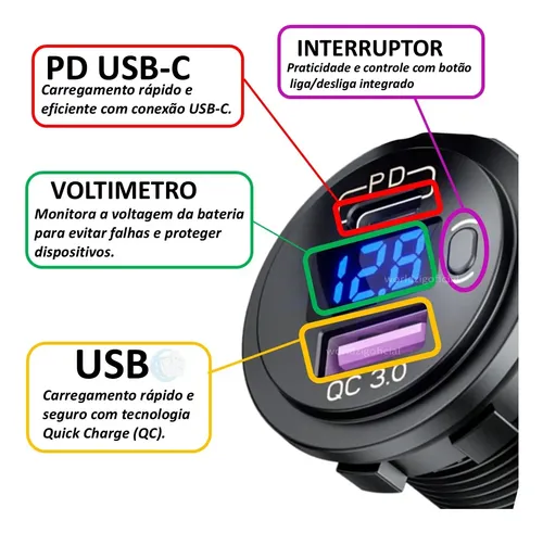 Tomada De Embutir Carregador Veicular Usb + Usb-c Voltimetro