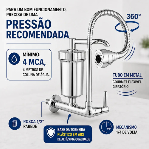 Torneira Com Filtro Com Purificador de Agua Gourmet Tubo Flexível e Bica Movel De 1/4 Volta Cromada A Mais Vendida Cromado Brilhante