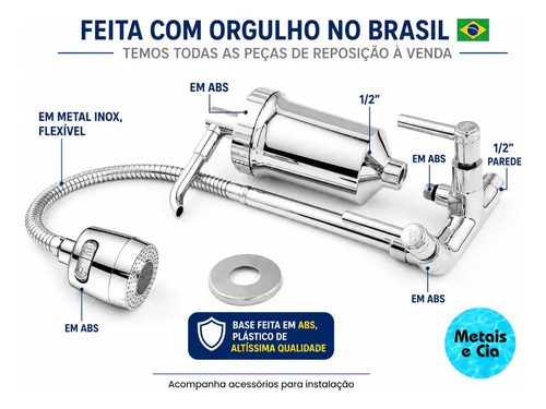 Torneira Com Filtro Com Purificador de Agua Gourmet Tubo Flexível e Bica Movel De 1/4 Volta Cromada A Mais Vendida Cromado Brilhante