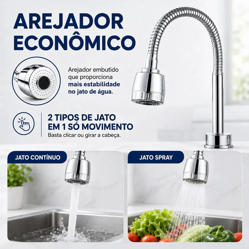 Torneira Com Filtro Com Purificador de Agua Gourmet Tubo Flexível e Bica Movel De 1/4 Volta Cromada A Mais Vendida Cromado Brilhante