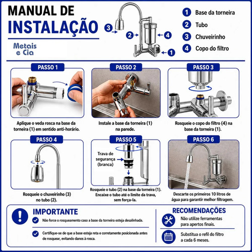 Torneira Com Filtro Com Purificador de Agua Gourmet Tubo Flexível e Bica Movel De 1/4 Volta Cromada A Mais Vendida Cromado Brilhante