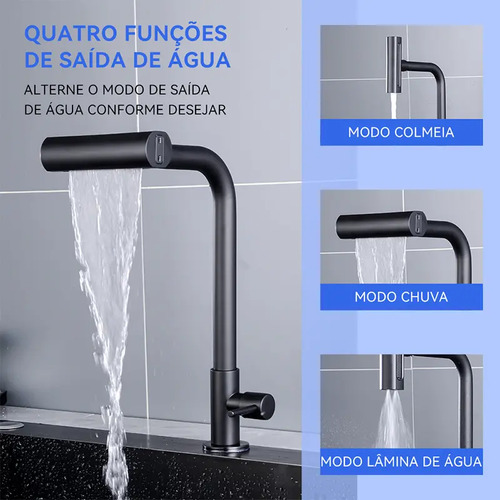 Torneira Cozinha Bancada Inox 304 Água Fria Bica Alta Gourmet 4 Modos De Água Estilo Cascata Torneira Pia Cozinha Moderna, Torneira Flexivel, Torneira De Cozinha Cor Preto Premium Para Cuba Gourmet