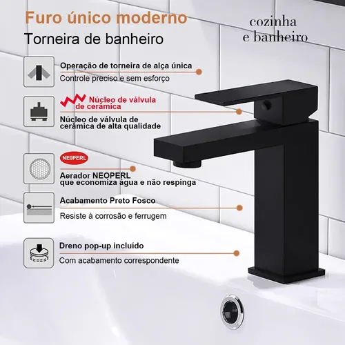 Torneira De Banheiro Quadrada Preta Com Furo Único Pintada