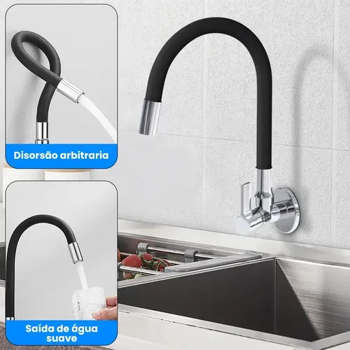 Torneira De Cozinha Gourmet Parede Flexível Preta 1/4 Volta