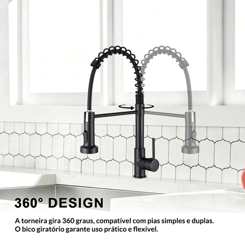Torneira de Cozinha Monocomando com Mola, para Bancada Gourmet, em Inox Preto Fosco e Bico Giratório