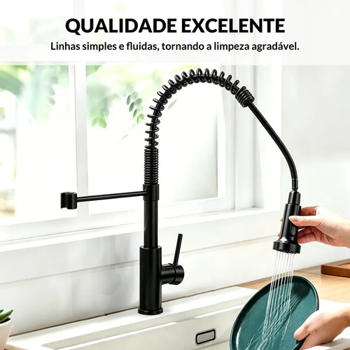 Torneira de Cozinha Monocomando com Mola, para Bancada Gourmet, em Inox Preto Fosco e Bico Giratório