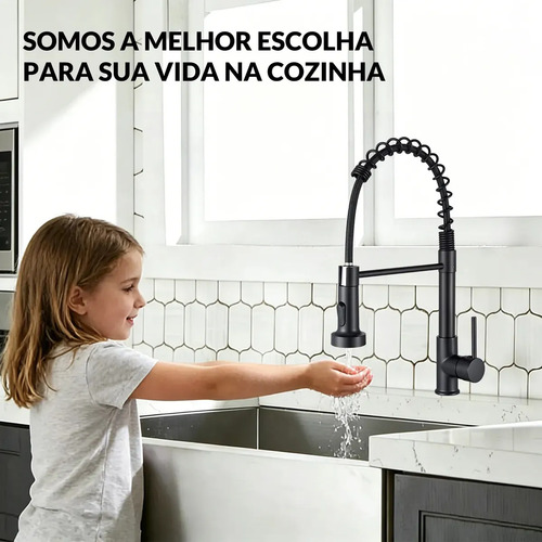 Torneira de Cozinha Monocomando com Mola, para Bancada Gourmet, em Inox Preto Fosco e Bico Giratório