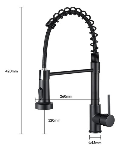 Torneira de Cozinha Monocomando com Mola, para Bancada Gourmet, em Inox Preto Fosco e Bico Giratório
