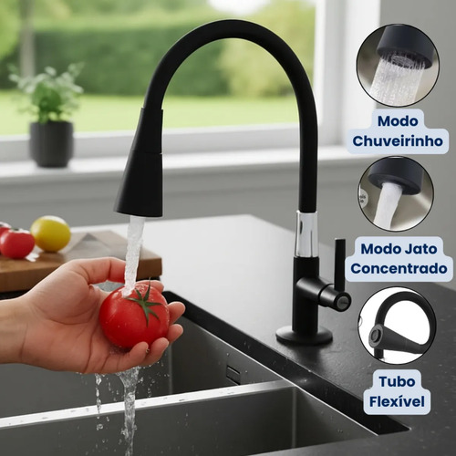 Torneira gourmet bancada cozinha preta flexivel 2 jatos chuv