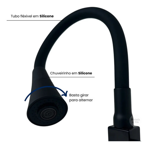 Torneira Gourmet Bancada Cozinha Preta Flexível 2 Jatos Chuveirinho Cone 1/4 Volta Luxo Premium Silicone Cone Mais Vendida