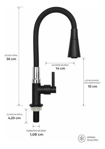 Torneira Gourmet Bancada Cozinha Preta Flexível 2 Jatos Chuveirinho Cone 1/4 Volta Luxo Premium Silicone Cone Mais Vendida