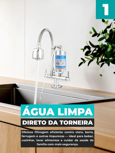 Torneira Gourmet Com Filtro Bancada Bica Abs Flexível Inox Móvel Cromada para Cozinha Tipo Mesa Balcão Pia Água Filtrada Limpa Filtragem Carvão Ativado 1/4 de Volta Chuveirinho Dois Modos de Jato