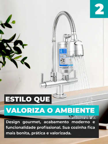 Torneira Gourmet Com Filtro Bancada Bica Abs Flexível Inox Móvel Cromada para Cozinha Tipo Mesa Balcão Pia Água Filtrada Limpa Filtragem Carvão Ativado 1/4 de Volta Chuveirinho Dois Modos de Jato