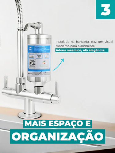 Torneira Gourmet Com Filtro Bancada Bica Abs Flexível Inox Móvel Cromada para Cozinha Tipo Mesa Balcão Pia Água Filtrada Limpa Filtragem Carvão Ativado 1/4 de Volta Chuveirinho Dois Modos de Jato