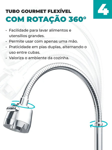 Torneira Gourmet Com Filtro Bancada Bica Abs Flexível Inox Móvel Cromada para Cozinha Tipo Mesa Balcão Pia Água Filtrada Limpa Filtragem Carvão Ativado 1/4 de Volta Chuveirinho Dois Modos de Jato