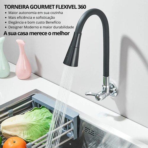 Torneira Gourmet Luxo Flexível Cozinha Parede 2 Jatos Pia Metal Cor Aço Inox e Preto- Marca Camperluz