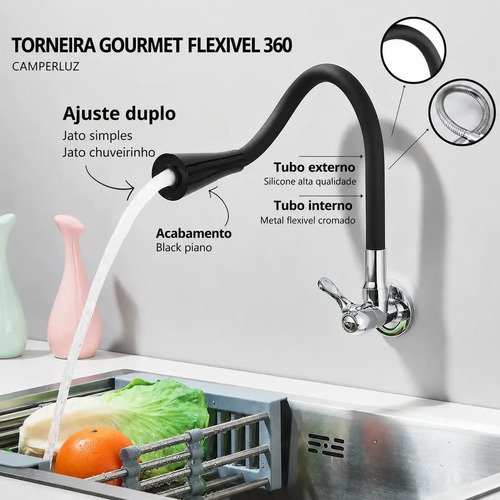 Torneira Gourmet Luxo Flexível Cozinha Parede 2 Jatos Pia Metal Cor Aço Inox e Preto- Marca Camperluz