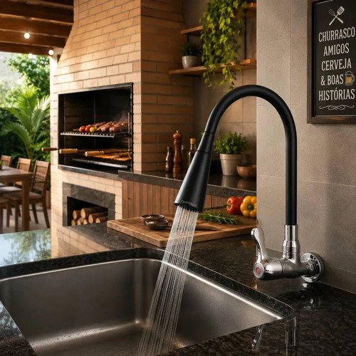Torneira Gourmet Luxo Flexível Cozinha Parede 2 Jatos Pia Metal Cor Aço Inox e Preto- Marca Camperluz