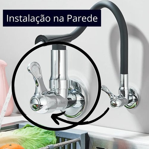 Torneira Gourmet Luxo Flexível Cozinha Parede 2 Jatos Pia Metal Cor Aço Inox e Preto- Marca Camperluz
