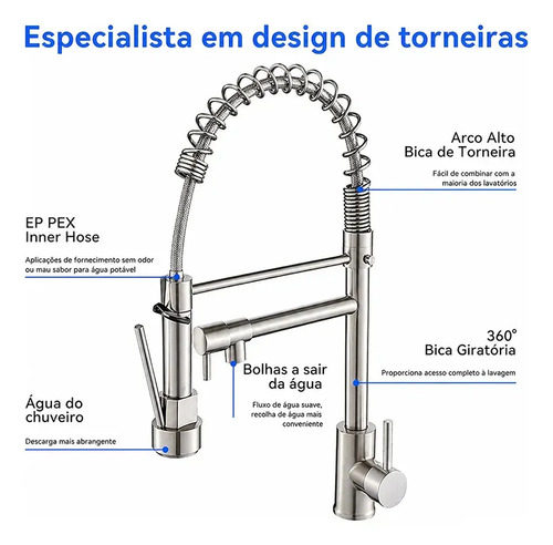 Torneira Monocomando Cozinha Gourmet Para Pia Bancada Flexivel Cor Inox 304 Escovado Prateado +60cm Tubo
