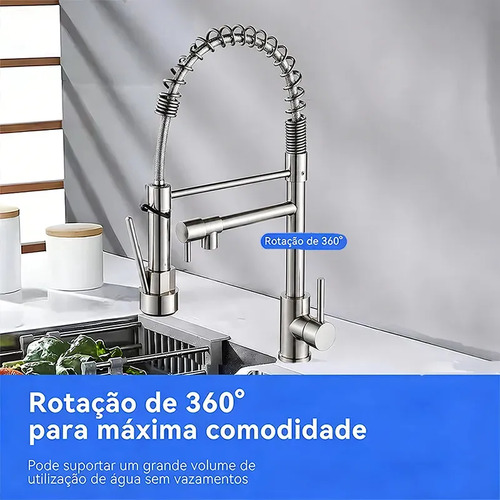 Torneira Monocomando Cozinha Gourmet Para Pia Bancada Flexivel Cor Inox 304 Escovado Prateado +60cm Tubo