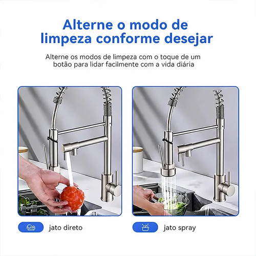 Torneira Monocomando Cozinha Gourmet Para Pia Bancada Flexivel Cor Inox 304 Escovado Prateado +60cm Tubo