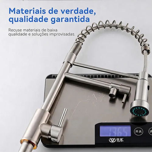 Torneira Monocomando Cozinha Gourmet Para Pia Bancada Flexivel Cor Inox 304 Escovado Prateado +60cm Tubo