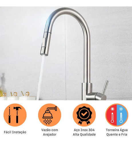 Torneira Para Pia Cozinha Bancada Gourmet Monocomando Escovada Acabamento Aço Inox 304 Cor Prateado Escovado Winda Prateado Escovado