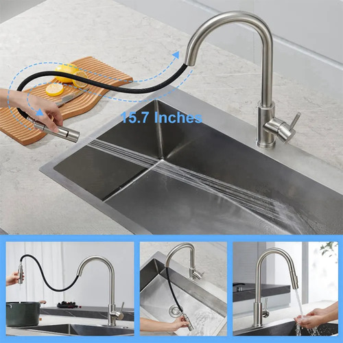 Torneira Para Pia Cozinha Bancada Gourmet Monocomando Escovada Acabamento Aço Inox 304 Cor Prateado Escovado Winda Prateado Escovado
