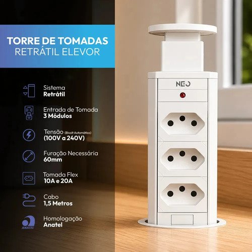 Torre 3 tomadas embutir retratil elevor para bancada branco