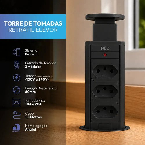 Torre de tomada embutir neo avant preta 3 tomadas flex 10a 2