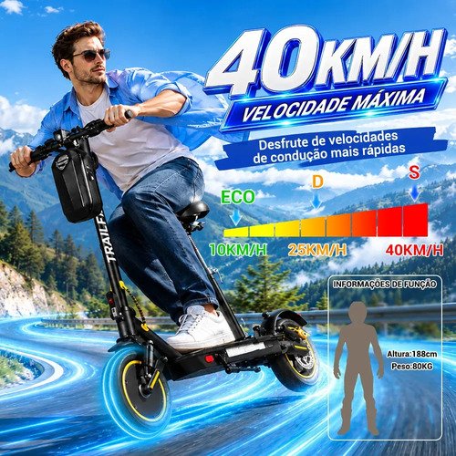 TRAILFORGE Patinete Elétrico 800W 48V 12,5Ah 40km/h 40km Autonomia Dobrável LED Bluetooth 120kg Freio a Disco 10" Preto