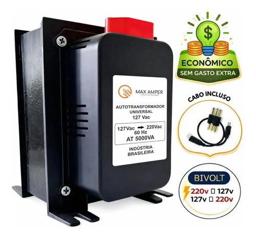 Transformador 5000va 110 220 ou 220 110 conversor bivolt 120 1