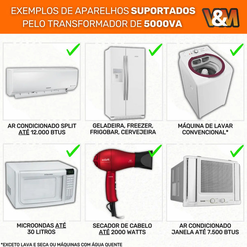 Transformador 5000va De 110 Para 220 E 220v Para 110v Bivolt 12000 Btus Conversor Voltagem 5kva Energia Ar Condicionado Impressoras Brother Microondas Máquina Costura Geladeira Lavar Roupas 127v 127