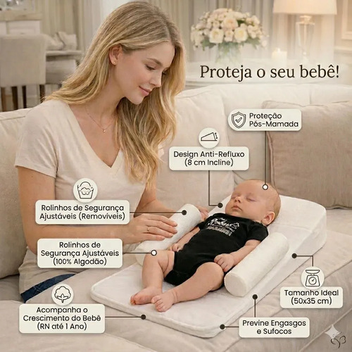 Travesseiro Anti Refluxo Com Rolinho Bebê Branco