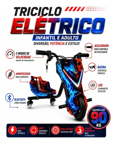 Triciclo Eletrico Drift Grande 350w 36v Suporta 90kg +brinde