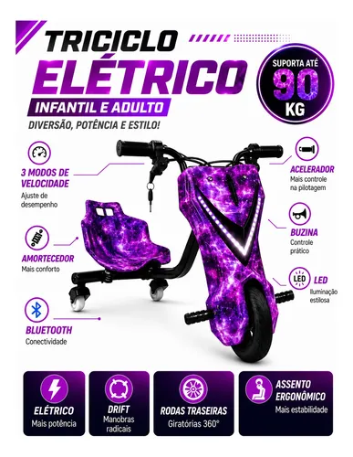 Triciclo Eletrico Drift Grande 350w 36v Suporta 90kg +brinde